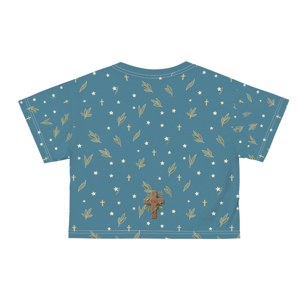 Crop Tee — Wood Cross "IHS" Olive Pattern