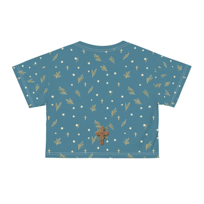 Crop Tee — Wood Cross "IHS" Olive Pattern