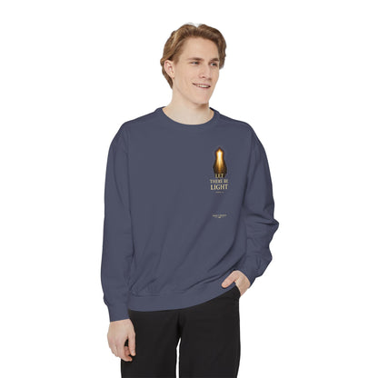 "Let There Be Light" Genesis 1:3 Graphic Crewneck Sweatshirt — Unisex Cozy Fleece Pullover