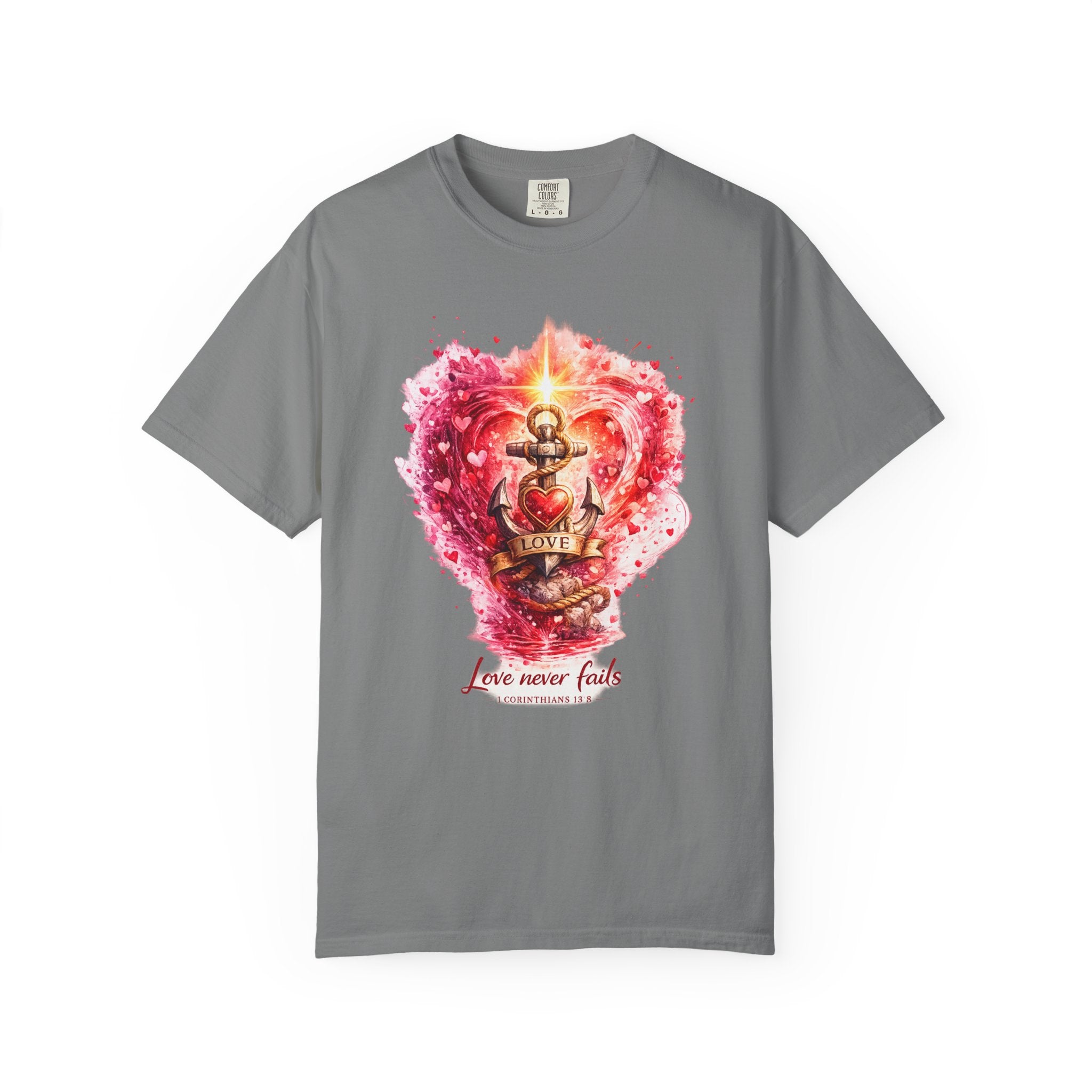 Love Never Fails Graphic Tee — Anchor Heart Print