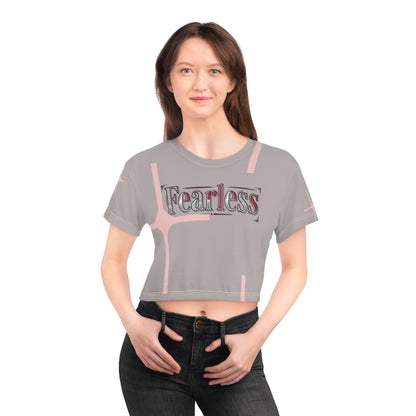 pink cross graphic crop tee for women featuring the word fearless in stylish lettering
