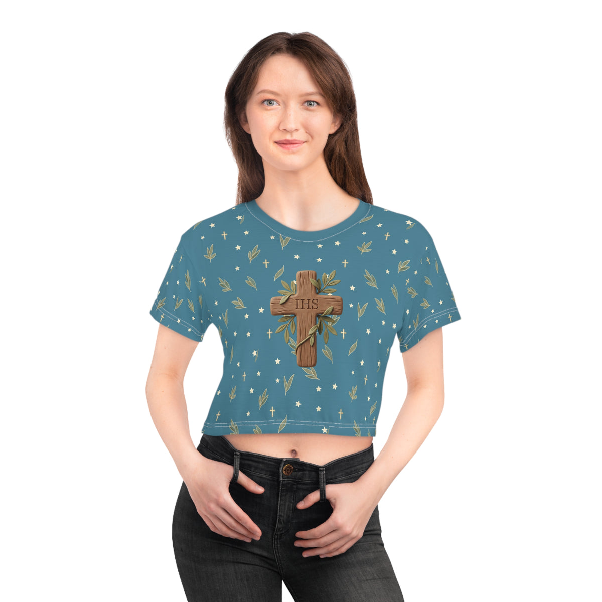 Crop Tee — Wood Cross "IHS" Olive Pattern