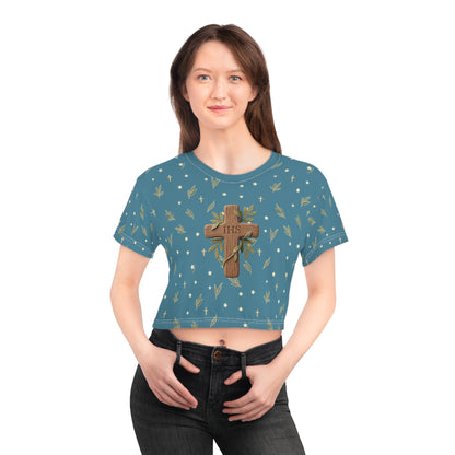 Crop Tee — Wood Cross "IHS" Olive Pattern