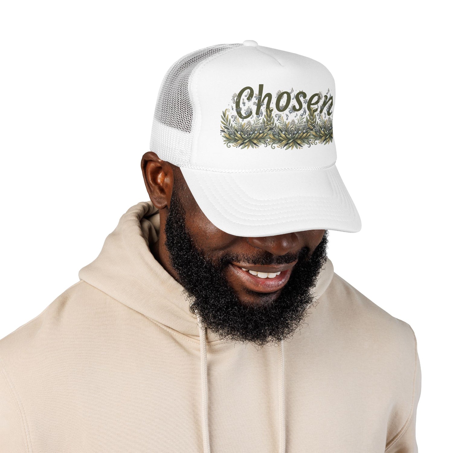 "Chosen" Floral Script Embroidered Trucker Hat — Adjustable Foam Cap