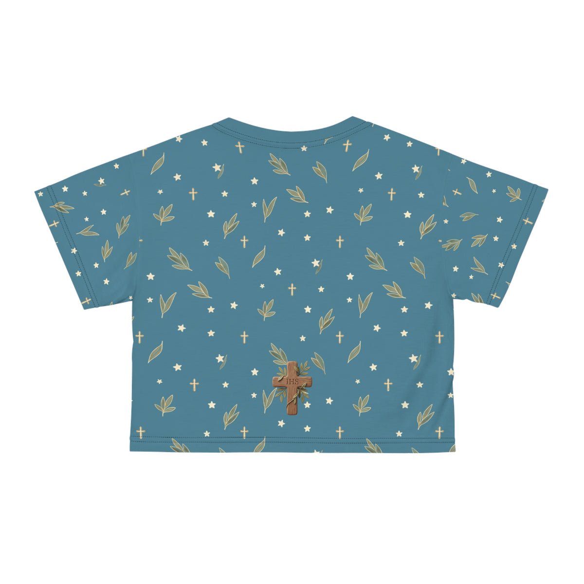Crop Tee — Wood Cross "IHS" Olive Pattern