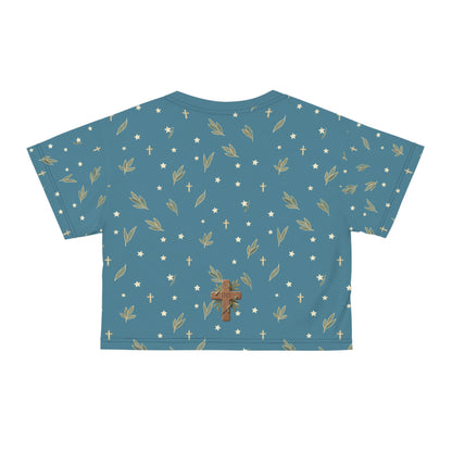 Crop Tee — Wood Cross "IHS" Olive Pattern