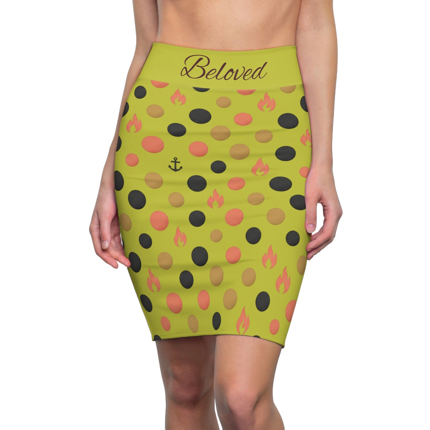 "Beloved" Yellow Polka Dot Anchor &amp; Flame Pencil Skirt — Women&