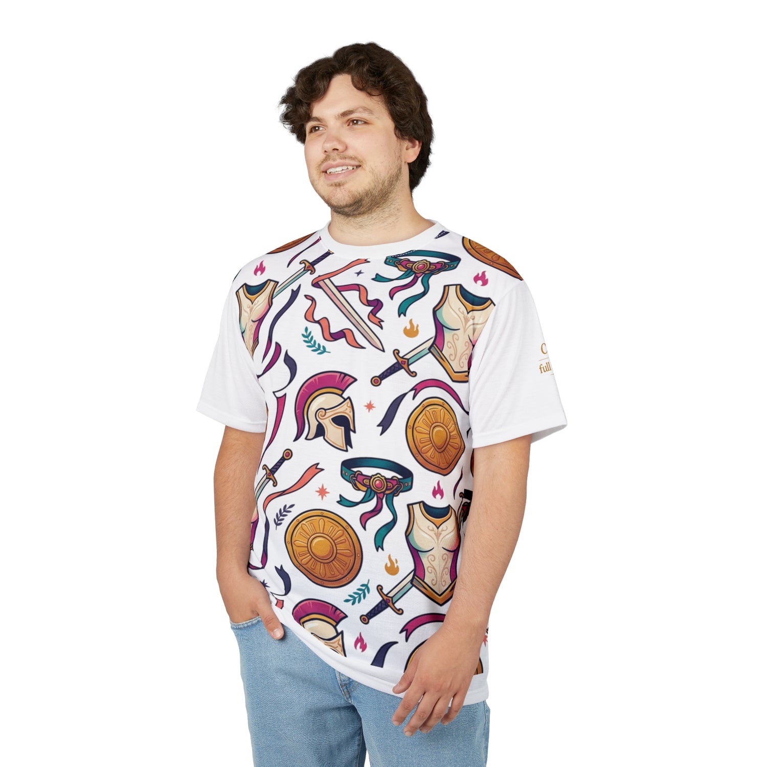 Greek Helmet, Shield &amp; Sword All-Over Print Tee — Unisex Graphic T-Shirt