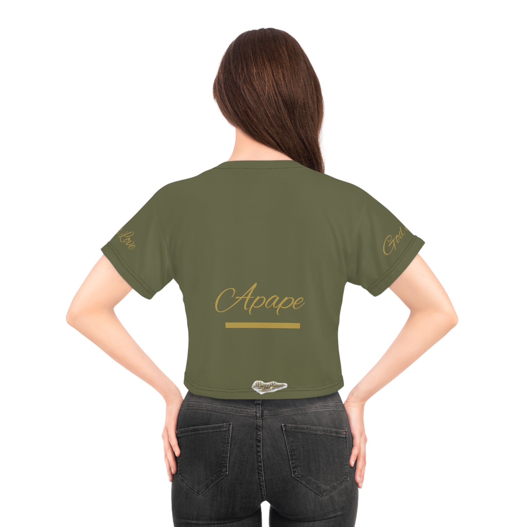 Christian Women's Crop Tee — "Agape: God is Love" All-Over Print Faith T-Shirt