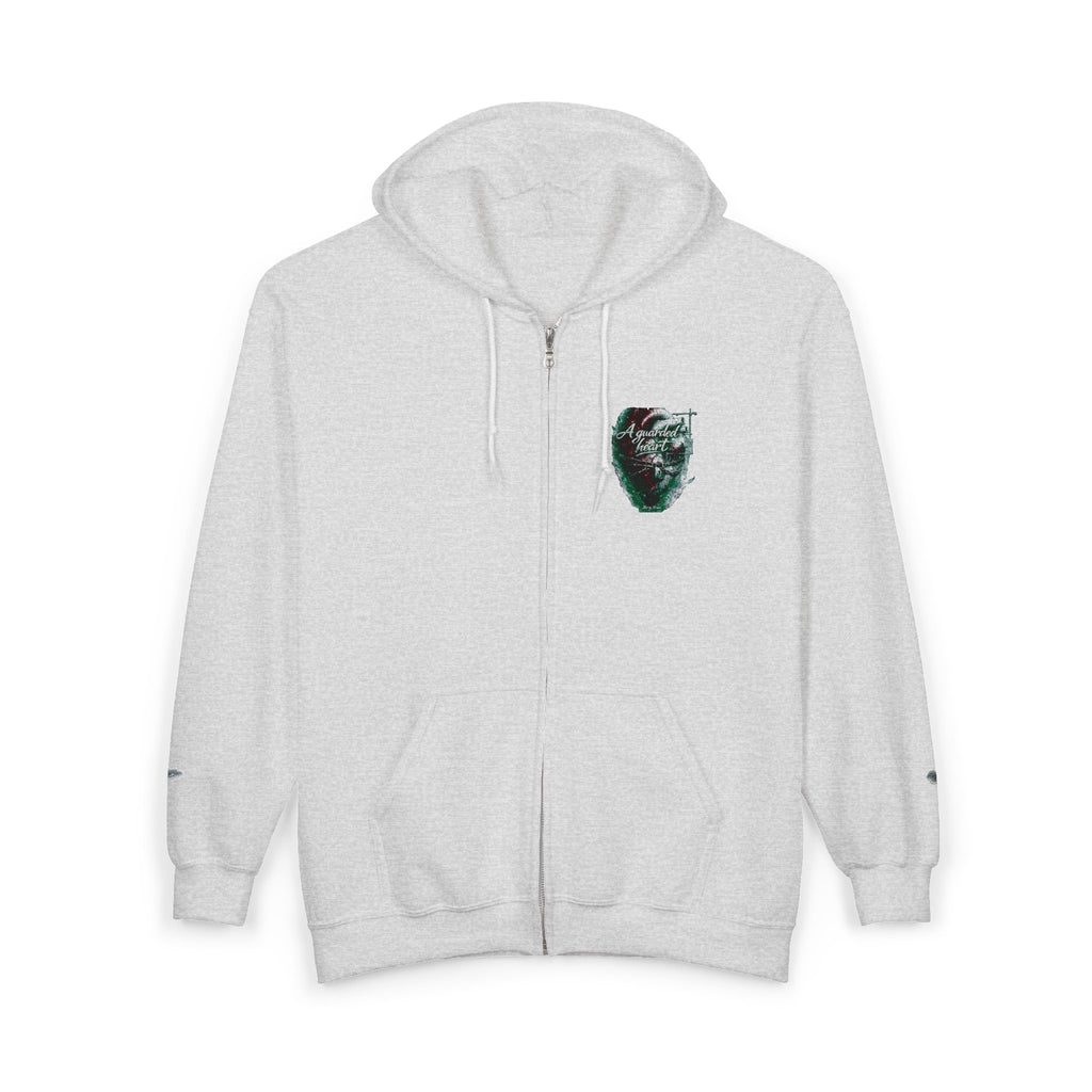 Christian Zip Hoodie — "A Guarded Heart" Abstract Faith Streetwear Jacket