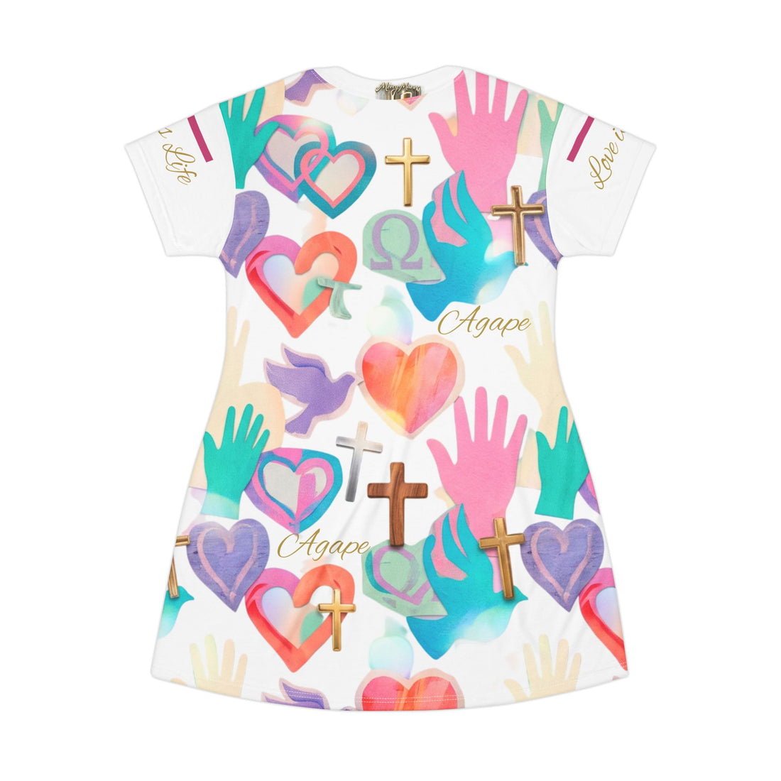 "Love is Life" Cross, Dove &amp; Heart All-Over Print T-Shirt Dress — Women&