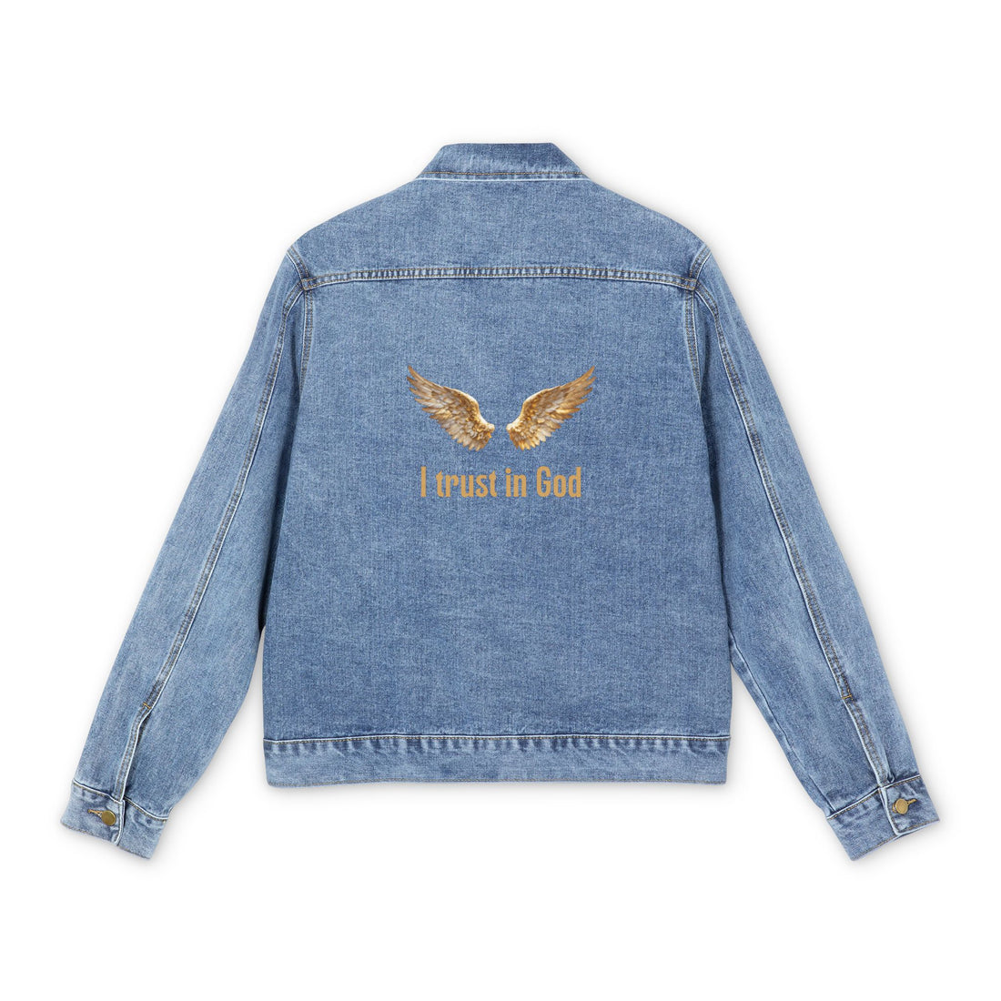 "Trust in God" Gold Wings Embroidered Denim Jacket — Men&
