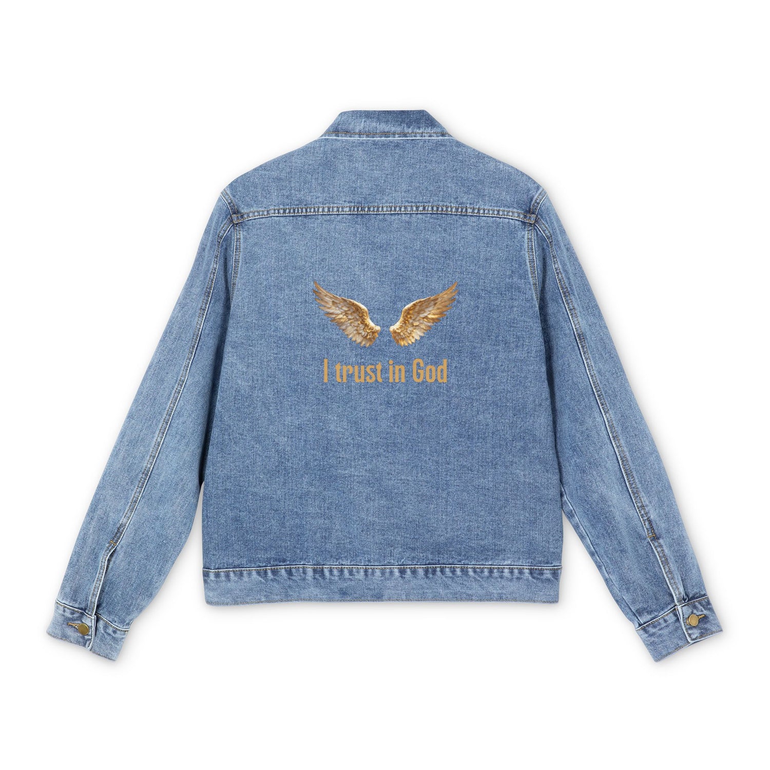 "Trust in God" Gold Wings Embroidered Denim Jacket — Men&