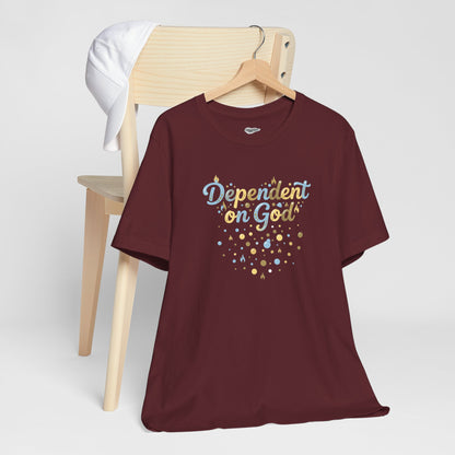 "Dependent on God" Pastel Script &amp; Stars Graphic Tee — Unisex Cotton T-Shirt